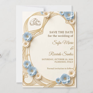 Invitación Magnética Art Nouveau Pastel Azul Dorado Boda Salva La Fecha