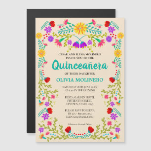 Invitación Magnética Arte Popular Mexicano Floral Champán Quinceañera