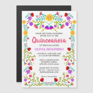 Invitación Magnética Arte Popular Mexicano Quinceañera Floral Colorida