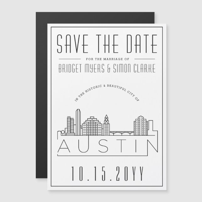 Invitación Magnética Austin Boda | Estilizado Skyline Guardar la fecha (Anverso/Reverso)