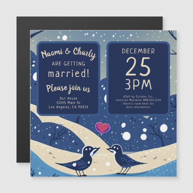 Invitación Magnética Aves azules de invierno en Boda de Navidades de am (Anverso/Reverso)