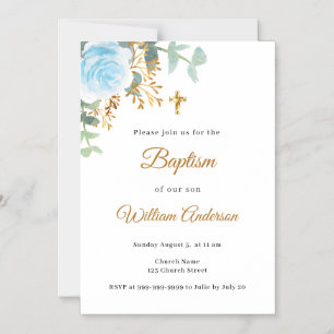 Invitación Magnética Azul bautizo florales oro niño