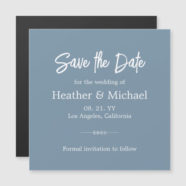 Invitación Magnética Azul Dusty Moderno Salven Al Boda De Fechas (Anverso/Reverso)