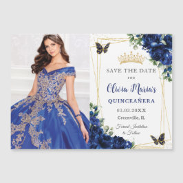 Invitación Magnética AzuL Real Floral Quinceañera Foto Guardar la Fecha