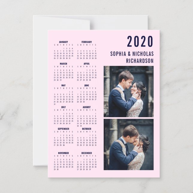 Invitación Magnética Azul rosado y naval Dos fotos del calendario 2020 (Anverso)
