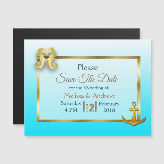 Invitación Magnética Azul y falso oro Nautical Save the Date Magnet (Anverso/Reverso)