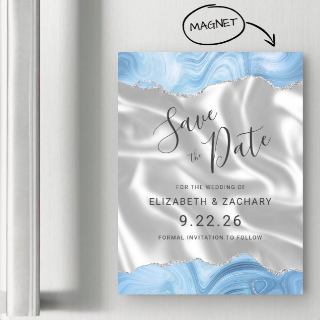 Invitación Magnética Baby Blue Silver Agate Blanco Save the Date (Subido por el creador)