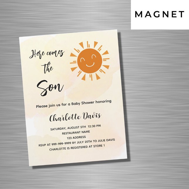 Invitación Magnética Baby Shower aquí viene el lujo del sol del hijo (Subido por el creador)
