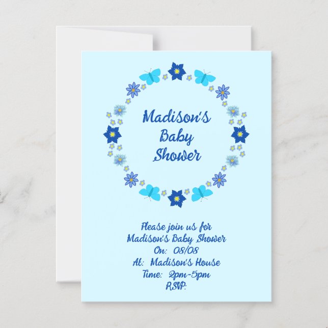 Invitación Magnética Baby Shower Blue Baby Boy Butterflies and Flowers (Anverso)