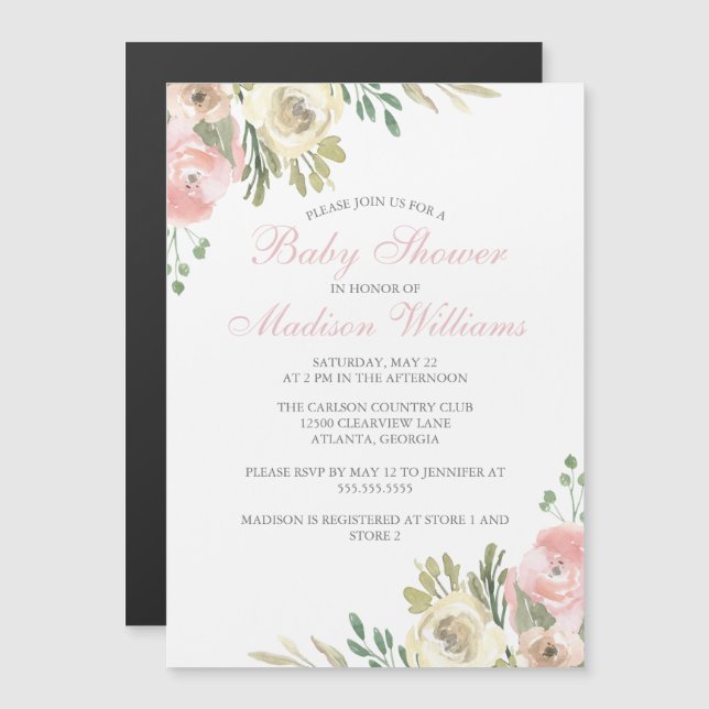 Invitación Magnética Baby Shower Chica elegante con flores de marfil ro (Anverso/Reverso)