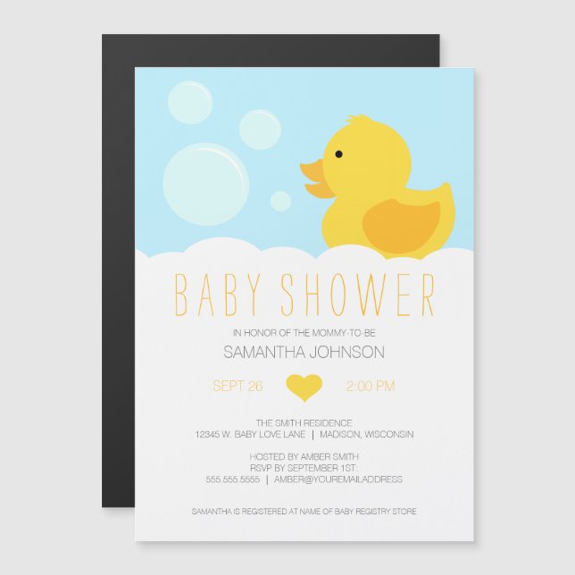 Invitación Magnética Baby Shower de Bath de burbuja de goma amarilla Du (Anverso/Reverso)