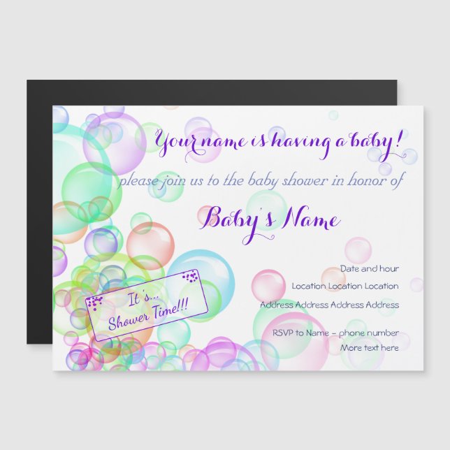 Invitación Magnética Baby Shower de burbujas de jabón arco iris (Anverso/Reverso)