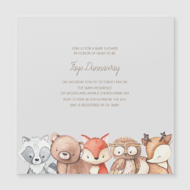 Invitación Magnética Baby Shower de Woodland Animals (Anverso)