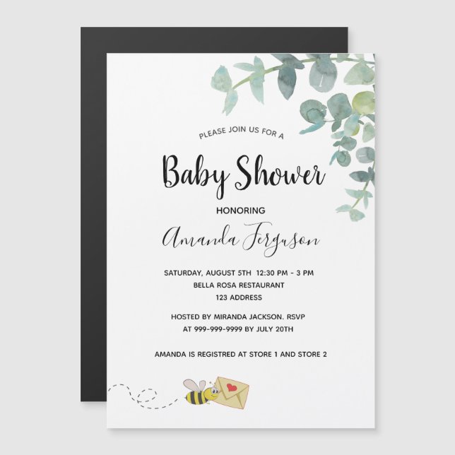 Invitación Magnética Baby Shower eucalipto verde adorable abeja (Anverso/Reverso)