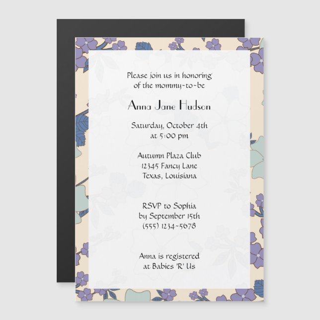 Invitación Magnética Baby Shower - Flores, flores - Azul morado (Anverso/Reverso)
