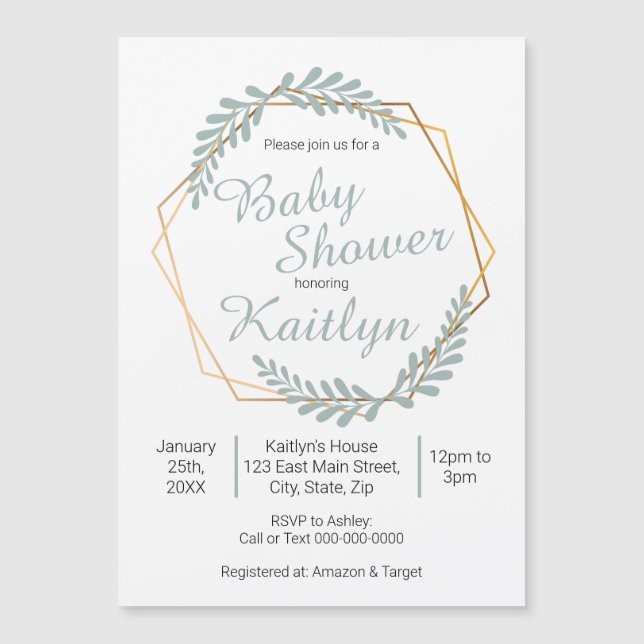 Invitación Magnética Baby Shower Gold Frame Greenery (Anverso)