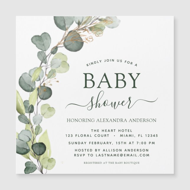 Invitación Magnética Baby Shower Greenery Eucalyptus Botanical Elegant (Anverso)