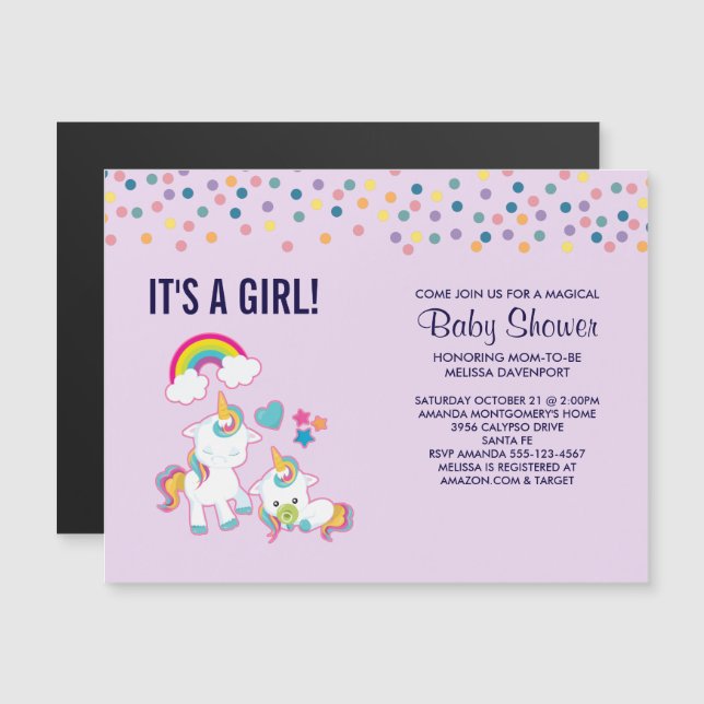 Invitación Magnética Baby Shower mágico con mamá y bebé Unicornio (Anverso/Reverso)