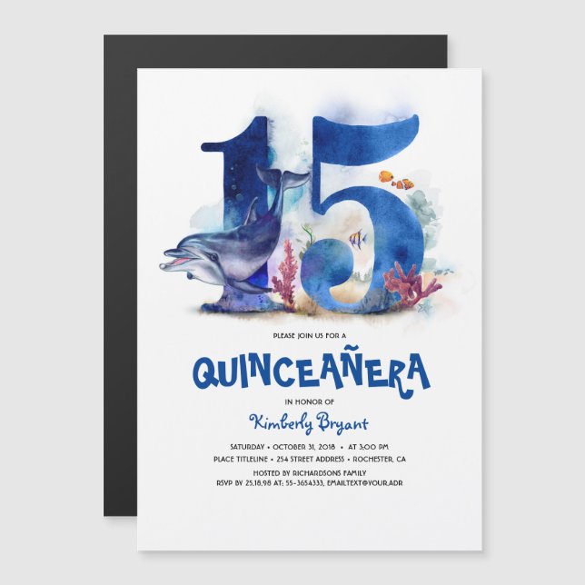 Invitación Magnética Bajo el mar Quinceañera Única (Anverso/Reverso)