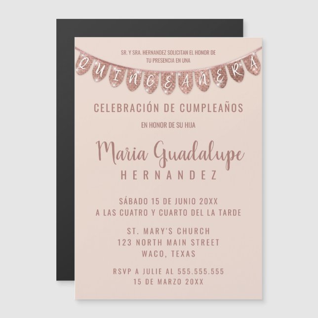 Invitación Magnética Banner Purpurina de oro Rosa Rosada Español Quince (Anverso/Reverso)