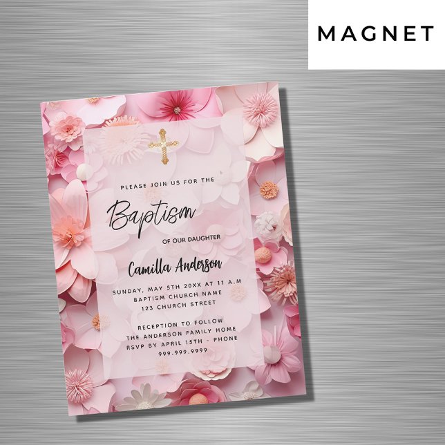 Invitación Magnética Baptismo flores rosadas nevadas niña lujo (Subido por el creador)