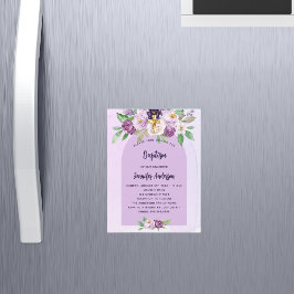 Invitación Magnética Baptismo flores violeta cruza el lujo chica