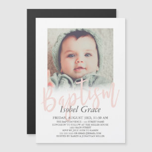 Invitación Magnética Baptismo fotográfico con guión de pincel rosa de R