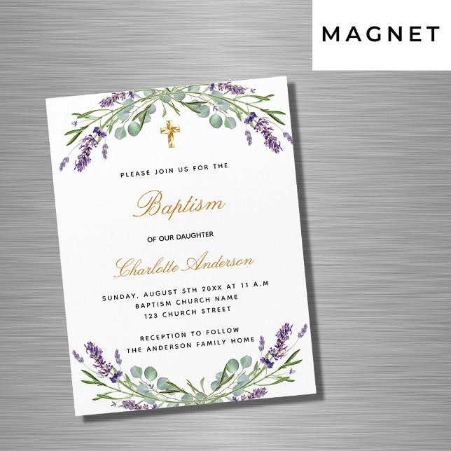 Invitación Magnética Baptismo lavanda violeta eucalipto floral lujo (Subido por el creador)