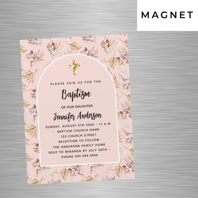 Invitación Magnética Baptismo pampas flores rosa oro rosa lujo (Subido por el creador)