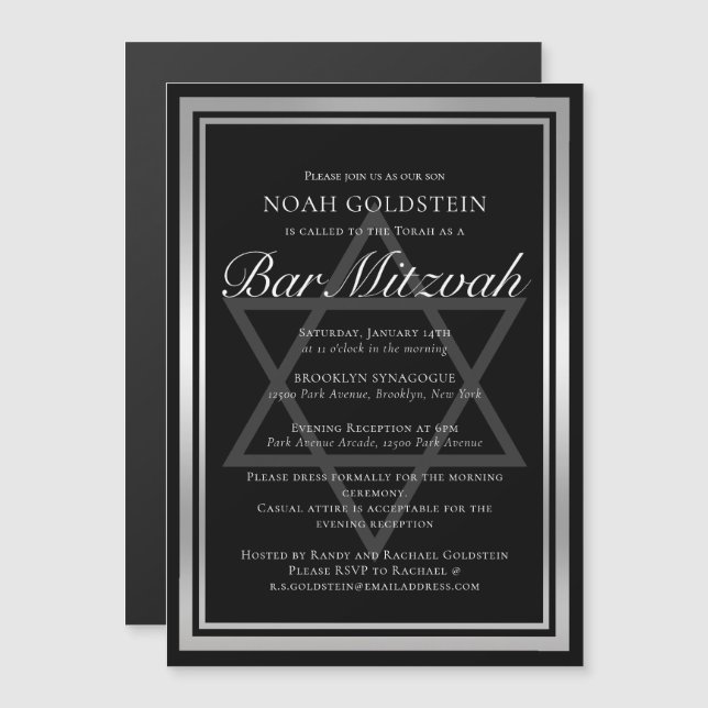 Invitación Magnética Bar Mitzvah Formal Negro Plata Elegante (Anverso/Reverso)