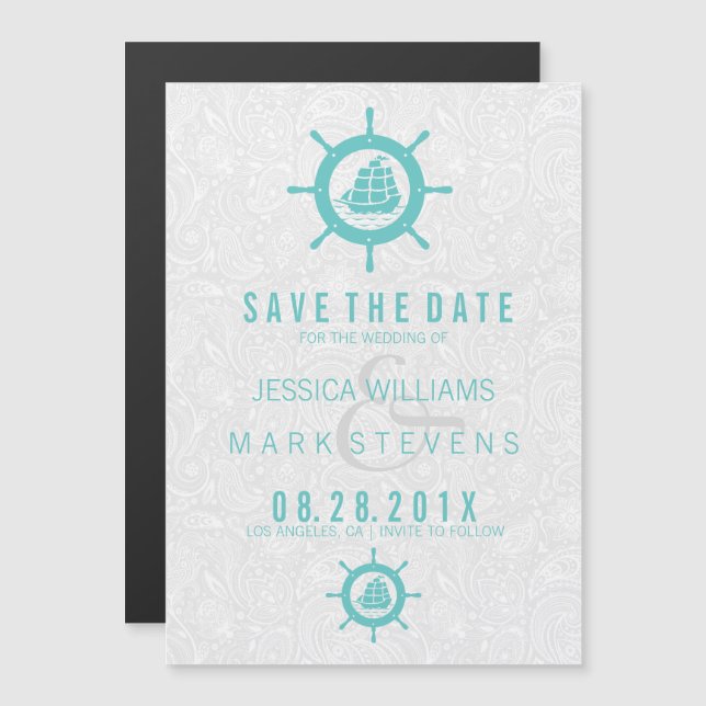 Invitación Magnética Barcos blancos elegantes y rueda náutica Verde azu (Anverso/Reverso)
