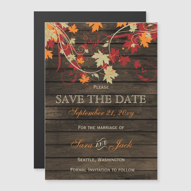 Invitación Magnética Barn Wood Rustic Fall deja la boda ahorra la fecha (Anverso/Reverso)