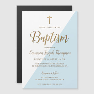 Invitación Magnética Bautismo moderno en oro blanco y azul