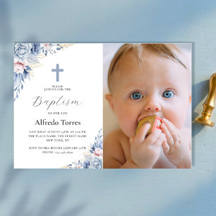 Invitación Magnética Bautizo de bebé con flores azul polvoriento en acu