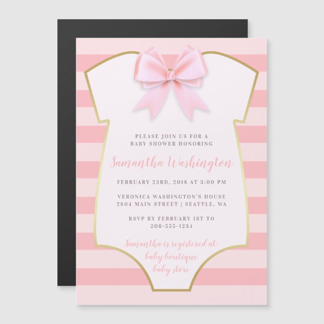 Invitación Magnética Bebé chiquito Rubor rosado y Baby Shower dorado (Anverso/Reverso)
