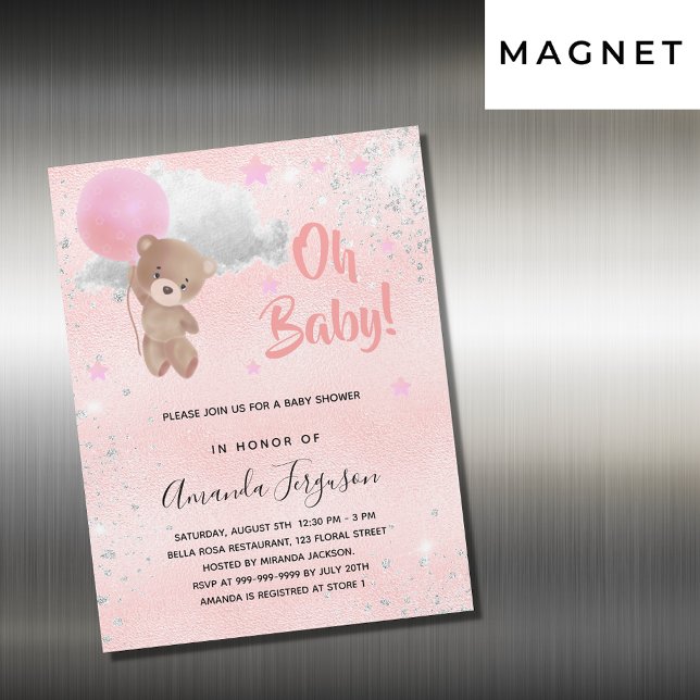 Invitación Magnética Bebé ducha oso de peluche chica plata rosa (Subido por el creador)