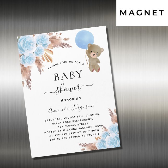Invitación Magnética Bebé ducha pampas pasto oso de peluche lujo azul (Subido por el creador)
