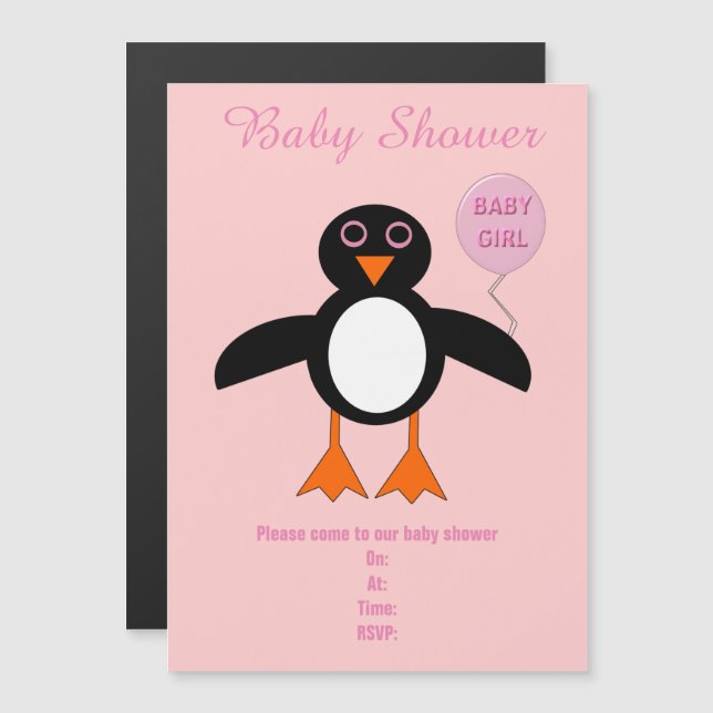 Invitación Magnética Bebé rosa lindo Personalizado pingüino Baby Shower (Anverso/Reverso)