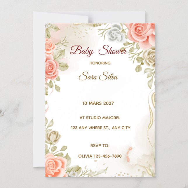 Invitación Magnética Beige Studded By Flowers Baby Shower Invitation (Anverso)