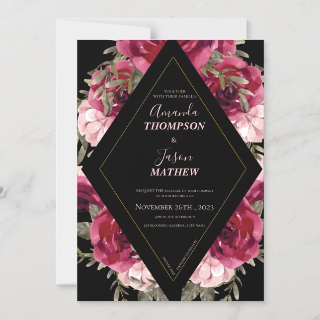 Invitación Magnética Bella Boda floral rosa de Rubor en Borgoña Negra (Anverso)