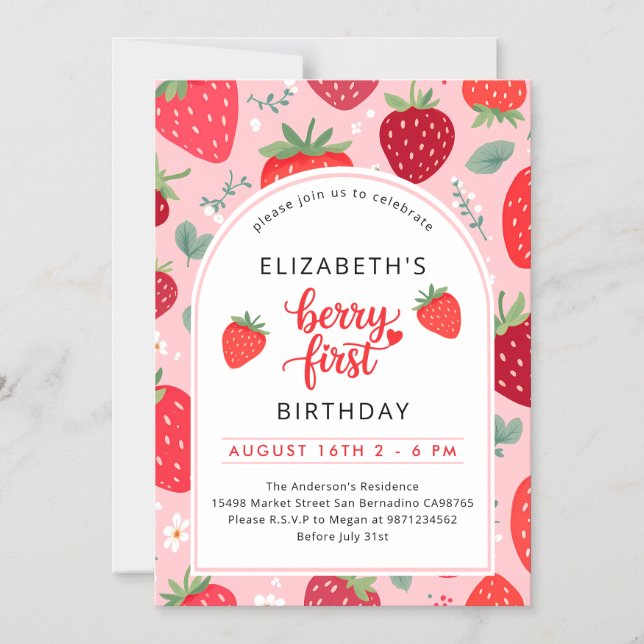 Invitación Magnética Berry First Cute Primer Cumpleaños Chica de fresas (Anverso)