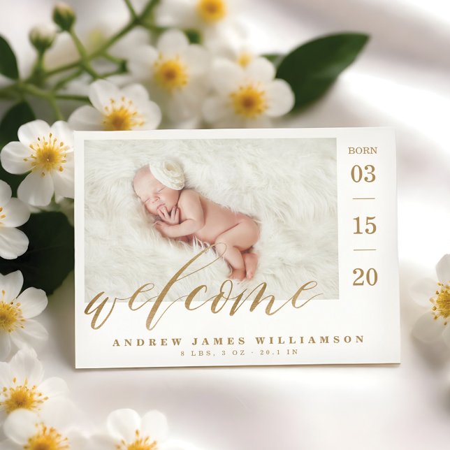 Invitación Magnética Bienvenida Estadísticas de nacimiento de bebé con  (Welcome Gold Script Baby Birth Stats & Photo Magnetic Invitation)