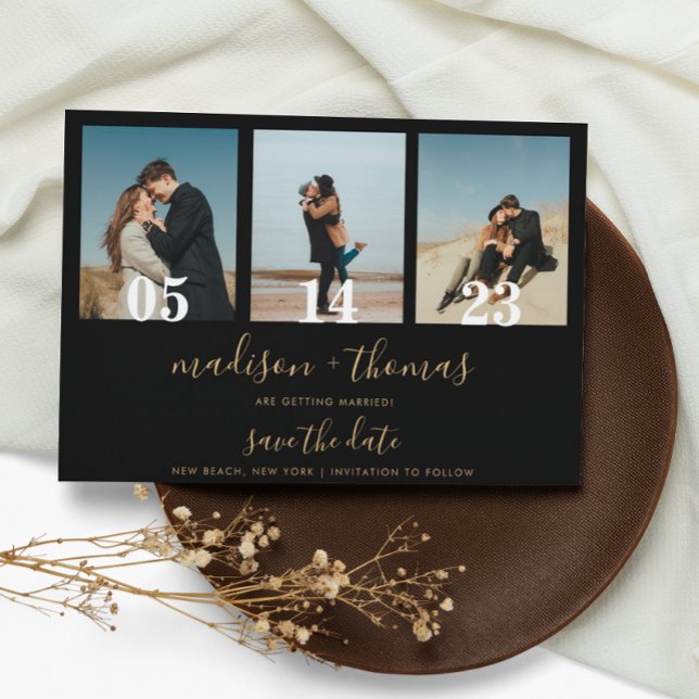 Invitación Magnética Black Gold Script 3 Photo Wedding Guardar la fecha (Subido por el creador)
