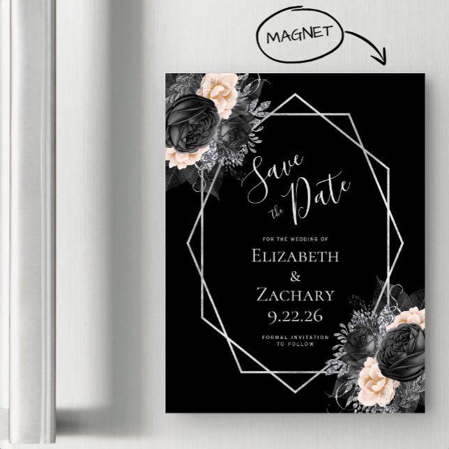 Invitación Magnética Black Peach Floral Geo Save the Date (Subido por el creador)