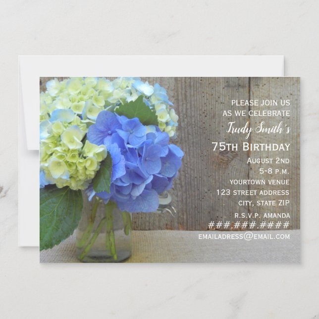 Invitación Magnética Blue Hydrangea Barnwood Mason Jar Mature Cumpleaño (Anverso)