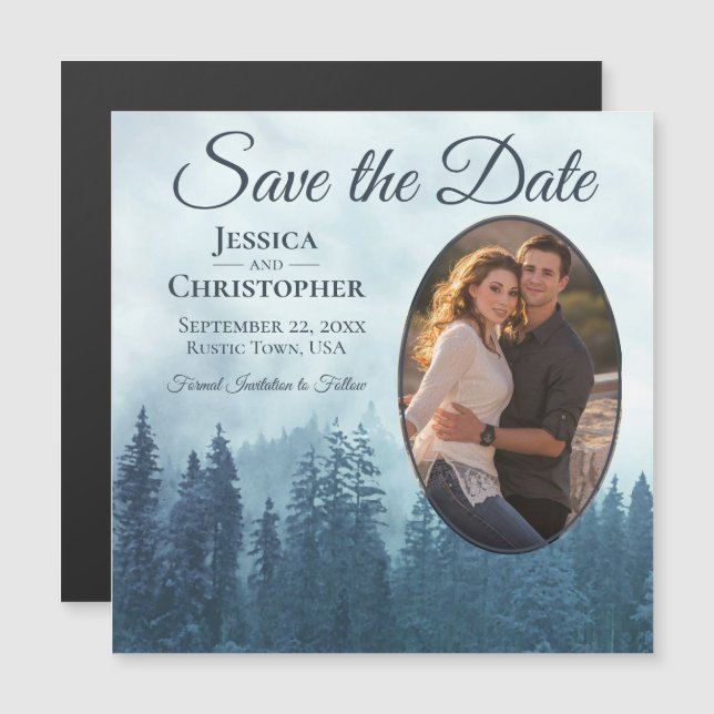 Invitación Magnética Blue Pines Rustic Oval Photo Wedding Save the Date (Anverso/Reverso)