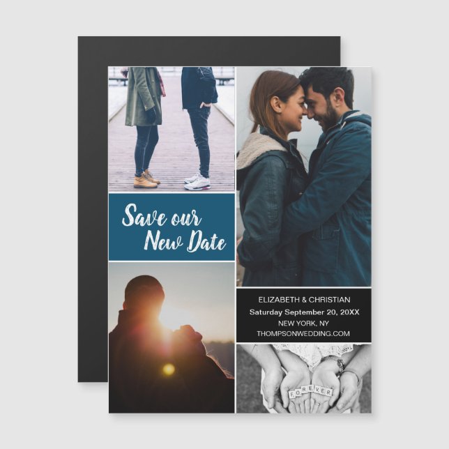 Invitación Magnética Blue Save our New Date Photo Change Date (Anverso/Reverso)