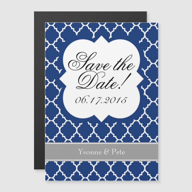 Invitación Magnética Blue White Quatrefoil Save the Date Magnet (Anverso/Reverso)