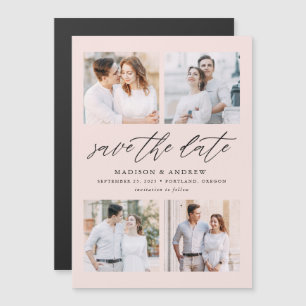 Invitación Magnética Blush Elegant Script 4 Foto Collage Save The Date