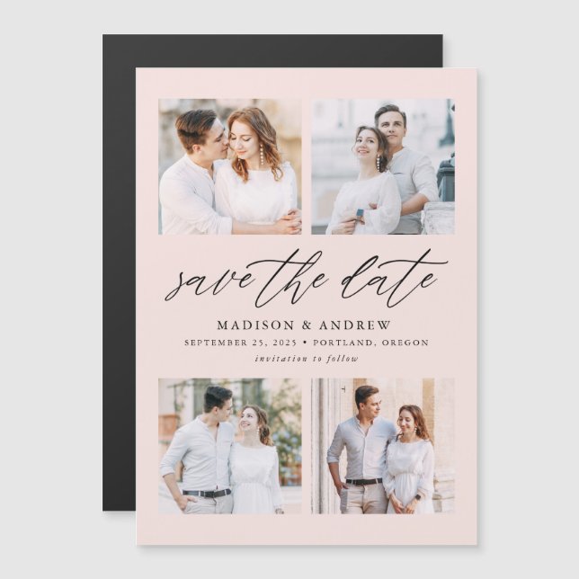 Invitación Magnética Blush Elegant Script 4 Foto Collage Save The Date (Anverso/Reverso)